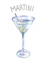 Martini Glass cocktail. Outline word inscription Traditionally two-ingredient classic drink mix of gin or vodka vermouth. Сolored pencils ballpoint pen hand-drawn sketch Illustration isolated on wight