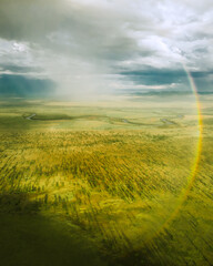 Aerial view of a morning rainbow against the background of a summer landscape of meadows, rivers and clouds