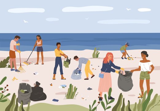 People collecting garbage on beach. Men and women gathering plastic waste in trash bags. Volunteers picking up trash at seaside vector illustration. Sand coast pollution, activists help