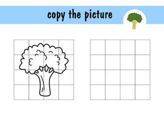 Children s mini-game on paper green broccoli . Copy the picture using grid lines, a simple game for toddlers with an easy level of play, drawing for kids.