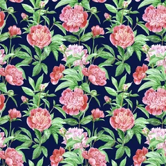 Poster Hand-drawn seamless pattern with peony flowers, twigs, buds and leaves on a dark background. Watercolor endless floral texture for wallpaper, upholstery, wrapping © Olga
