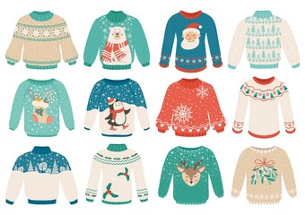 Cartoon ugly sweaters. Warm winter clothes with ornaments, santa, penguin, white bear. Christmas holiday knitted sweater and jumper vector set. Reindeer and holly berries decoration