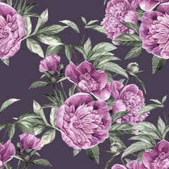 Behang Hand-drawn seamless pattern with peony flowers, twigs, buds and leaves on a dark background. Watercolor endless floral texture for wallpaper, upholstery, wrapping © Olga