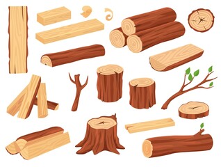 Cartoon wood log. Tree trunks, stumps, planks, piled firewood, branches with leaves. Hardwood timber materials for lumber industry vector set. Wood craft or industry isolated elements