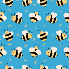 Seamless bee pattern. Square seamless blue background with cute bees. Bee pattern for fabric, textile, paper, kids, babies, wrapping and more. Adorable trendy pattern with happy bees.