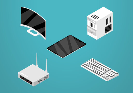 Set of isometric icon design for electronic. Monitor curved, Computer, Router, Tablet, Keyboard