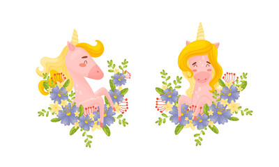 Pink Unicorn with Slender Legs and Golden Mane Vector Set