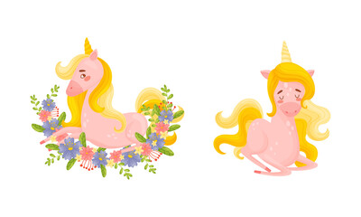 Pink Unicorn with Slender Legs and Golden Mane Vector Set