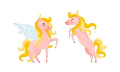 Pink Unicorn with Slender Legs and Golden Mane Vector Set