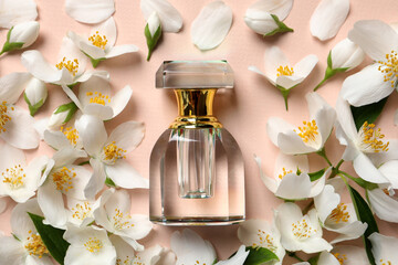 Bottle of luxury perfume and fresh jasmine flowers on beige background, flat lay