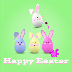 Easter eggs-hares of blue, red,white color on a green background with the inscription "Happy Easter".Coloring eggs for Easter.