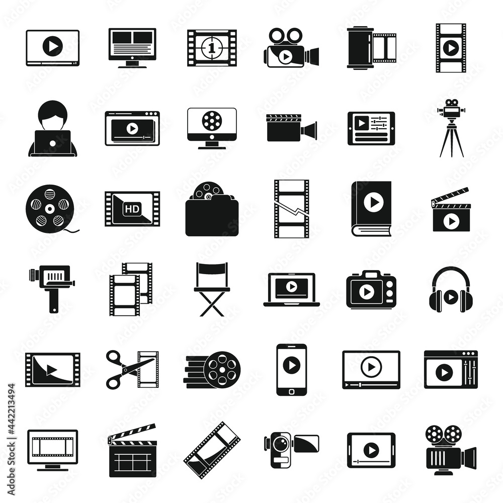 Poster screen video editing icons set simple vector. online player