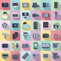 Video editing icons set flat vector. Screen audio player