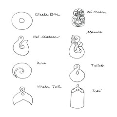 set of the symbols and amulets Māori of New Zealand. Vector Illustration. black and white concept for tattoo. Traditional maori tribal lucky charms. Vector hand drawn illustration.