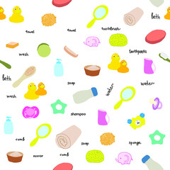 set of Bath accessories object vector design illustration. colorful Baby Bath flat isolated  vector hand drawn. Sweet bath baby accessories on white  background. Baby care supplies