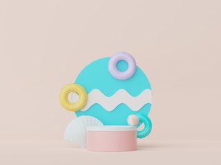 3d podium stand for product presentation with summer concept. Pedestal platform for cosmetic advertising. Minimal summer vacation.