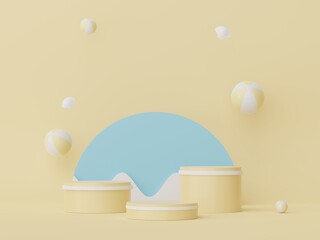 3d podium stand for product presentation with summer concept. Pedestal platform for cosmetic advertising. Minimal summer vacation.