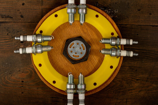 Spark plug and ignition of fuel-air mixture for thermal internal combustion engines, for design works and advertising banners.