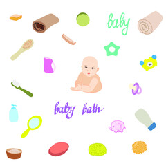 Bath accessories object vector design illustration. Baby Bath vector text, hand drawn lettering. Sweet bath baby accessories on white  background. Baby care supplies