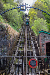 Lynton to Lynmouth cliff railway. Victorian water powered funicular railway built in 1888 - obrazy, fototapety, plakaty