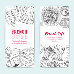 French food flyers design template. Vertical banners set. Vector illustration with bakery, cheese, beef bourguignon, foie gras, mussels. French Cuisine restaurant menu. © DiViArts