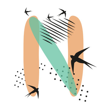 Minimalistic pattern an oriental style in form of letter N. Flock of swallows flies. Abstract objects, spots, dots, shadows in black ink and feather. Vector illustration, birds in form of hieroglyphs.