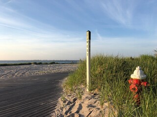 A red fire hydrant in the reeds by the bay on Fire Island, New York. - Powered by Adobe