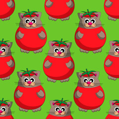 Seamless vector pattern with cute cartoon cat in tomato