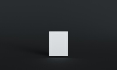 White vertical blank frame on black wall background. 3D render.