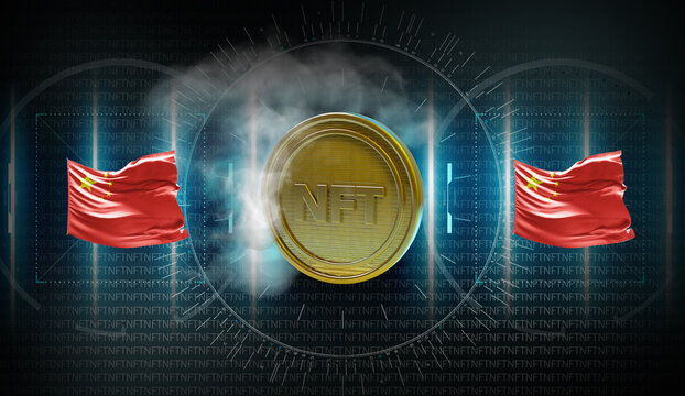 3d rendering illustration of NFT non fungible token for crypto art on China colorful flag background. Based in blockchain technology and disruptive monetization in collectibles market