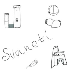 Georgian traditional symbols and sights set Svaneti collection architecture government symbols and traditional culture. hand drawn illustration 