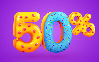 50 percent Off. Discount dessert composition. 3d mega sale 50% symbol with flying sweet donut numbers. Sale banner or poster.