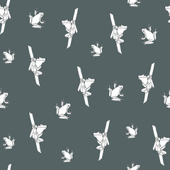 seamless pattern with white  illustration of Frog Isolated On grey Background.Sketch of doodle frog. Frog toad animal  Scratch board style imitation. hand drawn image.