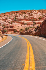 Asphalt texture, way background. Highway road and sky landscape. Open road through the mountains, highland road.