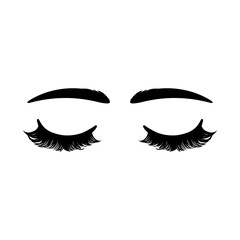 Closed female eyes, eyelashes, and eyebrows. Long beautiful eyelashes on isolated white background. Makeup, mascara, fashion. Vector illustration. For the logo of a beauty salon, lash extensions maker