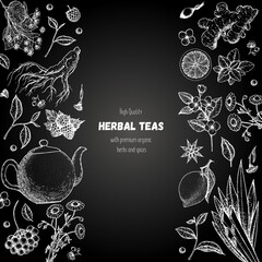 Tea shop vector illustration. Vector design with herbal tea ingredients. Healthy food and drink set. Hand drawn sketch collection. Engraved style frame.