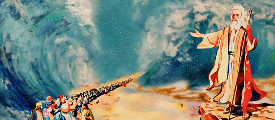 Biblical stories. Crossing the Red Sea with Moses. Watercolor.