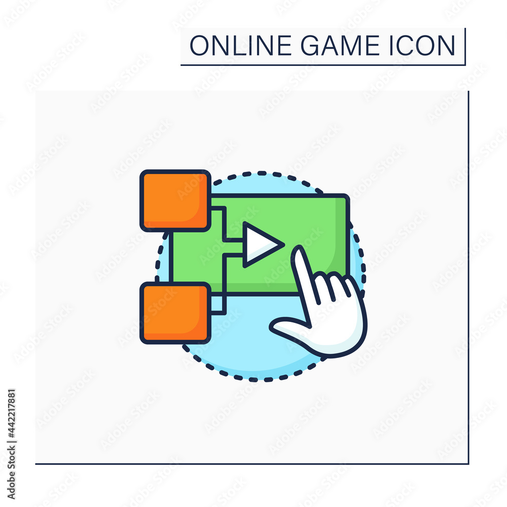Poster interactive movie color icon. presents gameplay in cinematic manner. actions change game script. cut