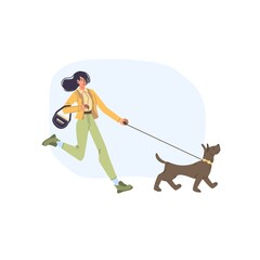 Vector flat cartoon character walking outdoor at summer season with dog pet - fashion,emotions,healthy lifestyle social concept