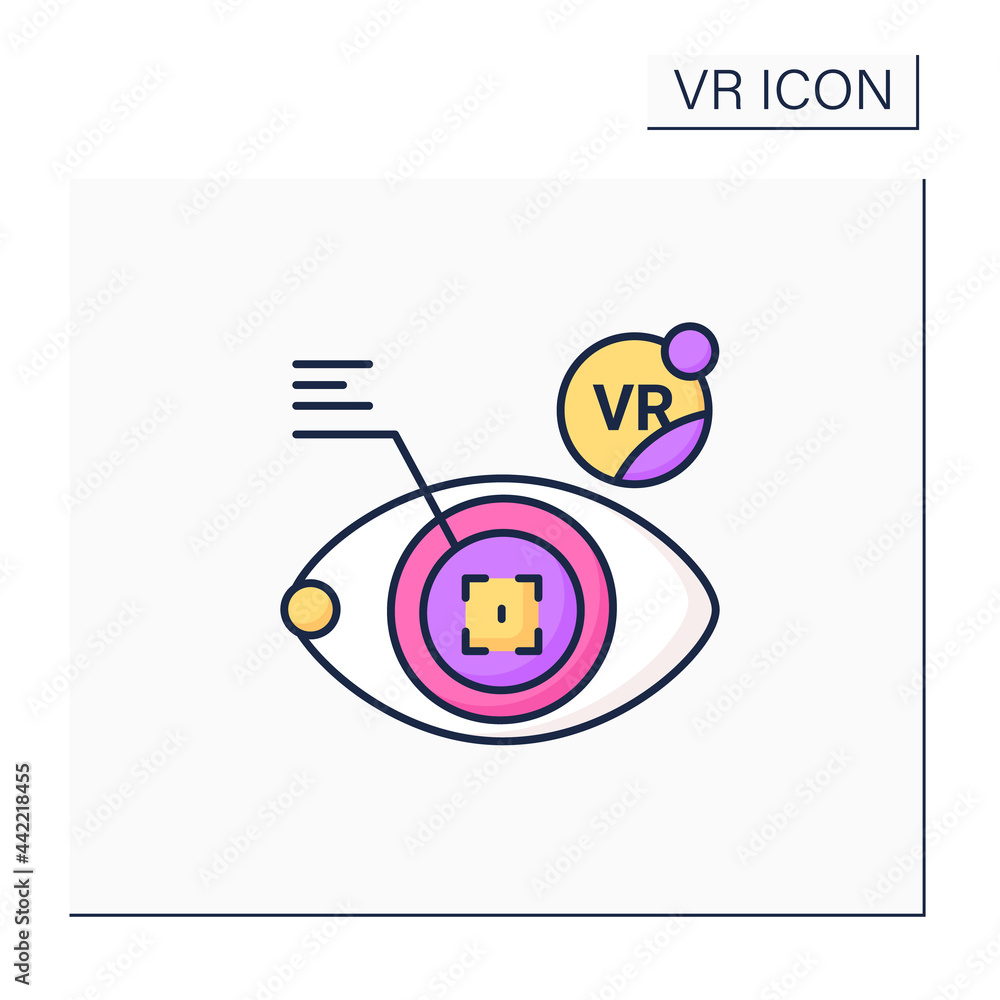 Poster eye tap color icon. shows images that enter eye. stream to computer, shows animations and informatio