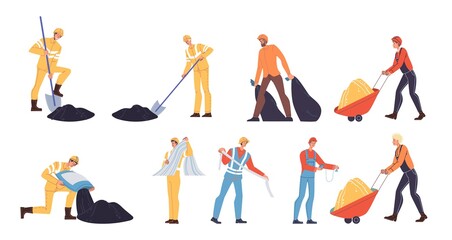 Set of vector cartoon flat industrial worker characters at work.Engineer workers at road construction repair,garbage removal works-web online site banner ad concept