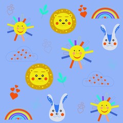 Fototapeta na wymiar seamless summer children's pattern with a cloud, sun, rainbow, lion, heart, leaf