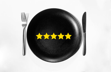 Five Star Food Rating Concept Background in a black and clean restaurant plate. Rate the restaurant...