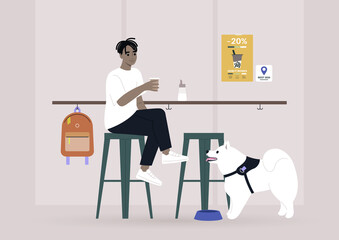 Young male Black character drinking coffee at the bar counter of a dog-friendly place, modern lifestyle