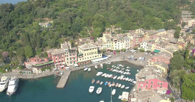 Aerial footage drone view of Portofino bay in Spezia Italy // no video editing

