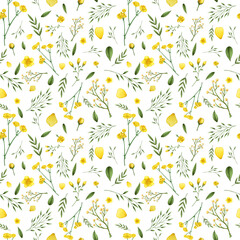 Botanical yellow flowers seamless pattern. Flowers on a white background. Fresh tender design for invitation, wedding or greeting cards, textiles, wrapping paper