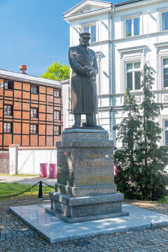 Szczecinek, Poland - May 31, 2021: Statue and monument of marshal Jozef Pilsudski.