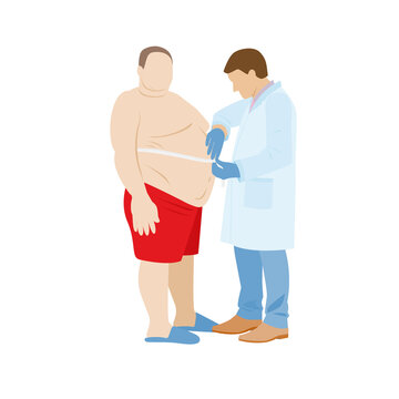 Fat Male Patient Undergoes Body Mass Index Measurements. The Doctor Measures The Patient's Abdomen And Waist. Obese Man. A Nutritionist Is Watching A Fat Man With A Belly. Stock Vector Illustration.