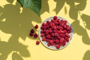 Red fresh raspberries on bright yellow background with shadows of tree branches . Top view with copy space. Concept of healthy and eco food and gardening.