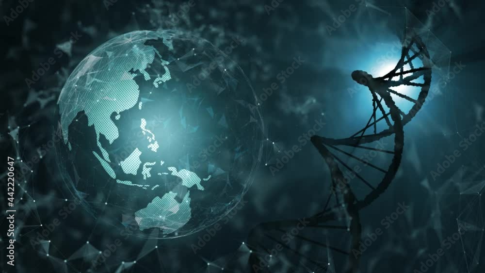 Aufkleber earth globe world map and rotating of a dna helix molecule on futuristic copy space animation backgr